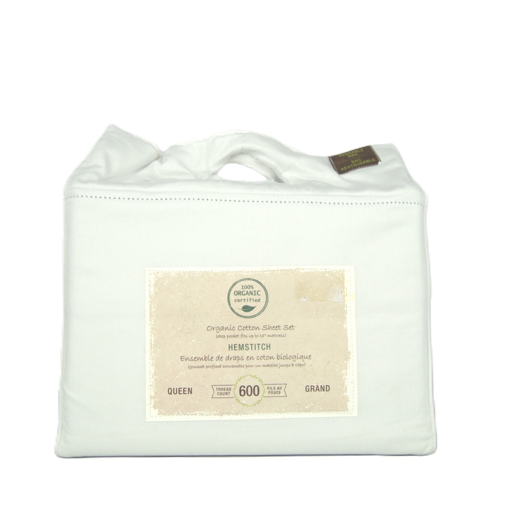 Sheet Set-600TC-ORG/CT/SD-Queen-White-Hemstitch-ORGANIC CERT